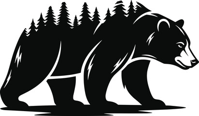 Bear silhouette, pine forest, wildlife nature, double exposure style, animal illustration, wilderness art, forest spirit, vector drawing, symbolic design, habitat connection