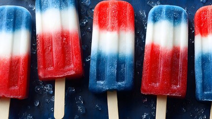 of layered popsicles in red blue and white colors melting under warm sunlight
