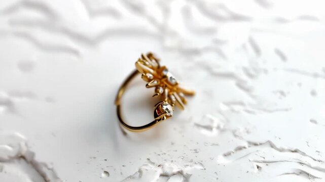 Elegant Gold Ring with Starburst Diamond Accent and Delicate Petal Design on White Textured Background