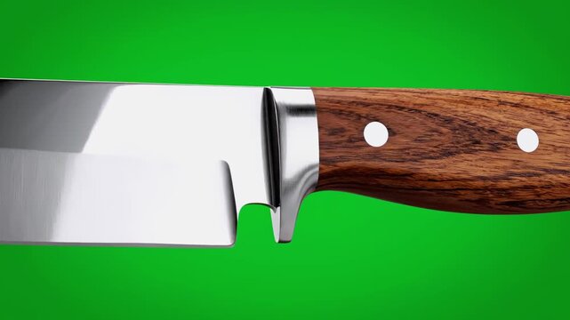 Close-up of a kitchen knife blade and handle on a vibrant green backdrop