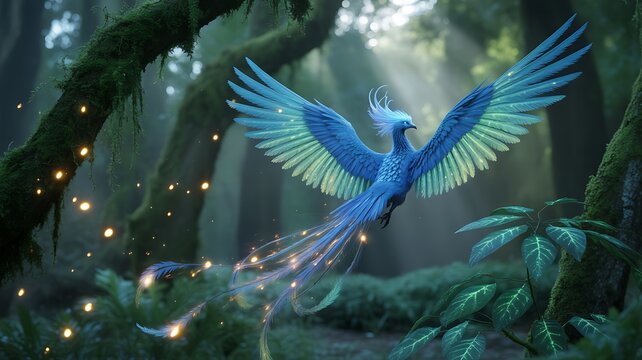 Enchanting blue phoenix soars through mystical forest
