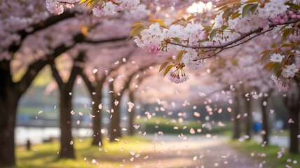Dreamy cherry blossom path in full bloom with falling petals