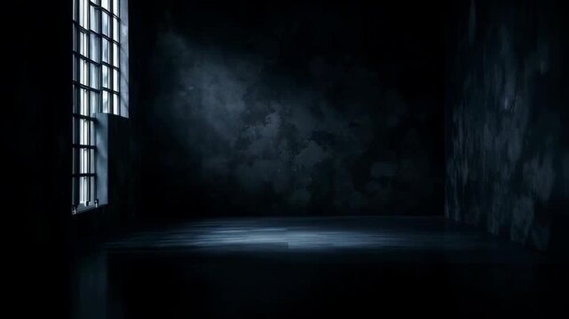 Dark Prison Cell Interior with Light Rays Shining Through Grated Window on Textured Walls and Wet Floor