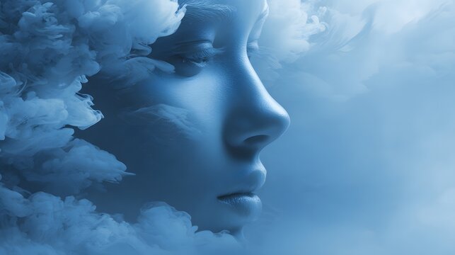 Female profile emerges from swirling blue vapor composition creating an ethereal effect