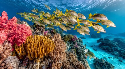 underwater scene filled with colorful fish and vibrant blue green and orange corals