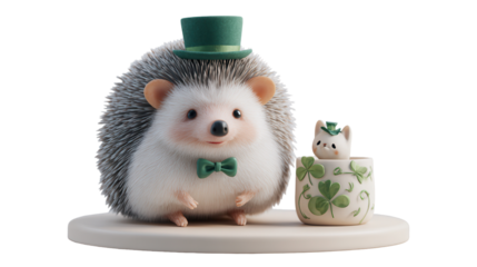 Festive hedgehog with a hat and tea cup, celebrating joyfully. white background or transparent