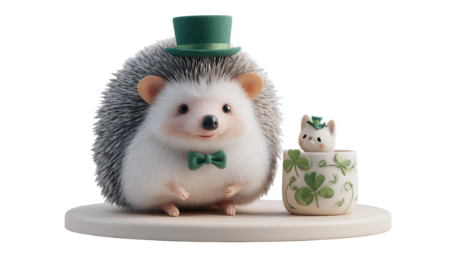 Festive hedgehog with a hat and tea cup, celebrating joyfully. white background or transparent