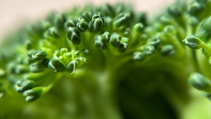 Macro photograph showing the fine texture and natural details of fresh green broccoli florets. The image highlights the organic pattern, vibrant color, and healthy appearance.