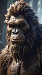 Obraz premium Portrait of a large, ape-like creature with thick brown fur and intense, glowing orange eyes, set against a forest backdrop
