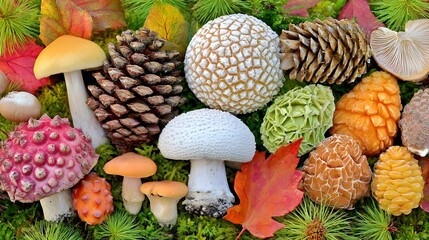floor covered in moss mushrooms pinecones and fallen leaves rich in earthy colors