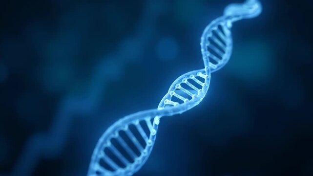 A glowing DNA helix embedded with a faint, futuristic digital watermark floating in a deep blue space. The structure symbolizes genetic patents, biotechnology innovation - Powered by Adobe