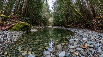 river flowing over smooth stones surrounded by moss and earthy brown riverbanks