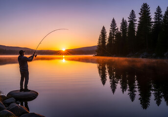A fisherman casting a line into a lake at sunset, realistic water reflections.