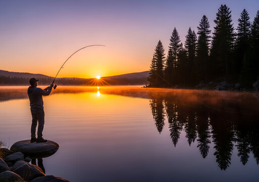 A fisherman casting a line into a lake at sunset, realistic water reflections.
