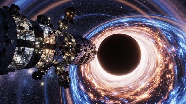 A spacecraft approaches a swirling black hole with vibrant orange and blue accretion disk in deep space with a cinematic view. - Powered by Adobe