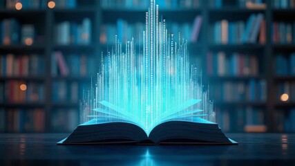 Digital library where holographic books hover in mid-air. The scene is illuminated with neon blue and purple lights, and transparent book pages display dynamic data streams.   - Powered by Adobe
