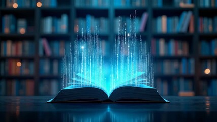 Digital library where holographic books hover in mid-air. The scene is illuminated with neon blue and purple lights, and transparent book pages display dynamic data streams. - Powered by Adobe