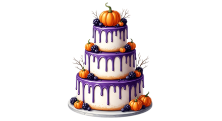 Three Tier White Cake with Purple Drip Frosting Decorated with Pumpkins and Blackberries, isolated on a white or transparent background, cutout, PNG