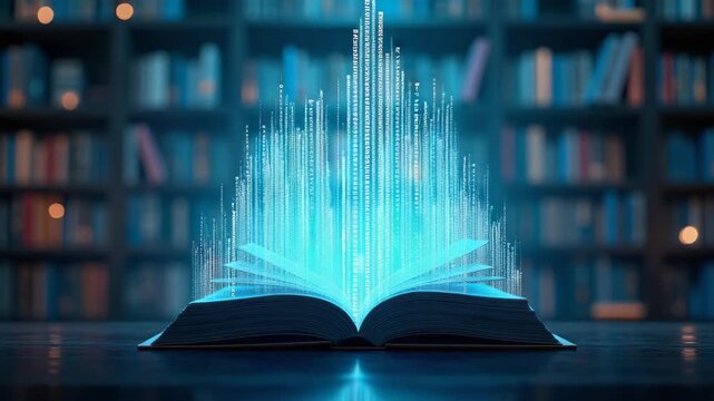Digital library where holographic books hover in mid-air. The scene is illuminated with neon blue and purple lights, and transparent book pages display dynamic data streams.  