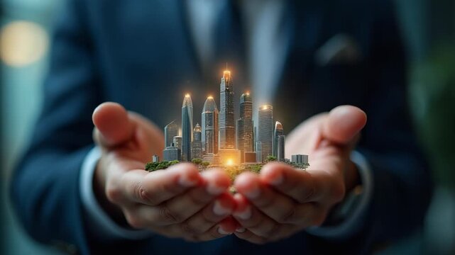 A surreal image of a businessman s open hand with miniature futuristic skyscrapers emerging from his palm. The glowing skyline represents real estate investment, urban financial growth