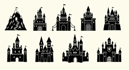 Naklejka premium Majestic Castles Silhouette Collection: Fantasy Kingdoms Set Against a Neutral Backdrop, Ideal for Storytelling, Gaming, and Creative Projects, Evoking Fairy Tales, History, and Adventure – Featuring