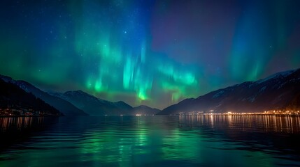 Naklejka premium Brilliant green atmospheric light display illuminates dark night sky above calm water and distant mountain settlement