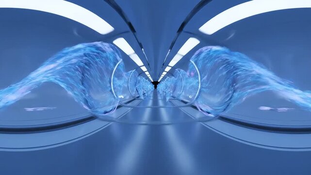 Abstract Blue Tunnel with Flowing Water Elements.