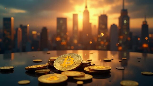 Golden Bitcoin coins falling from a futuristic sky, reflecting on a sleek black surface. A blurred city skyline in the background, cryptocurrency investments and blockchain financial technology. - Powered by Adobe