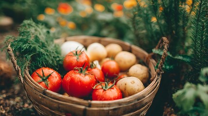 vegetables arranged in basket showing natural reds greens yellows and browns