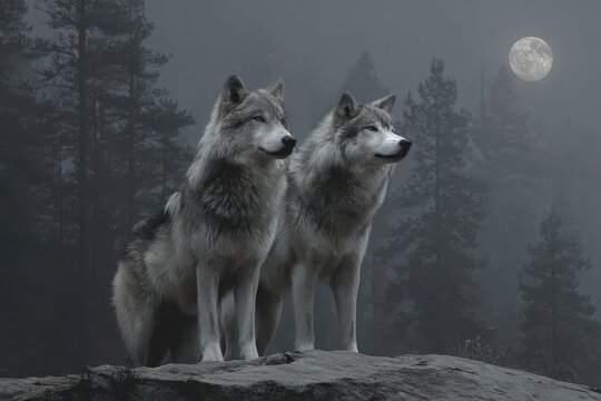 Two wolves stand watch under a full moon in a serene forest atmosphere highlighting their striking features and natural beauty during a tranquil night