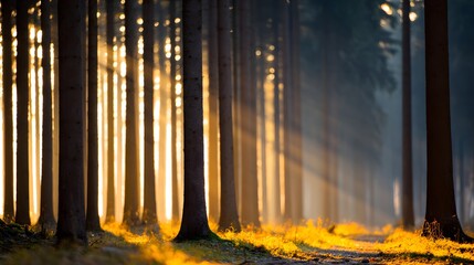 sunlight streaming through forest canopy casting dappled shadows on earthy ground