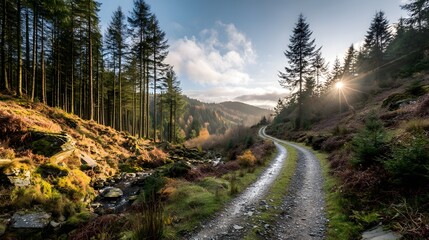 sunlight streaming through forest canopy casting dappled shadows on earthy ground