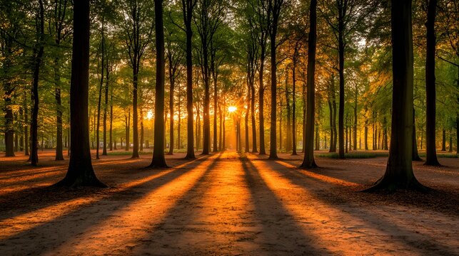 sunlight streaming through forest canopy casting dappled shadows on earthy ground