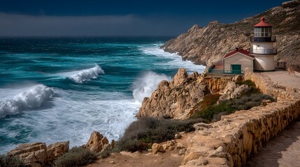 painted white with bright red roof contrasting against deep blue ocean backdrop
