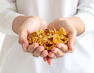 female hand holding gold jewelry