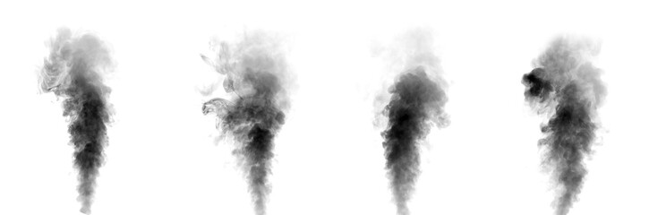 Realistic black smoke texture isolated on white background, rising in soft curls and dense clouds. Perfect for design, fire effects, pollution, or abstract art concepts.