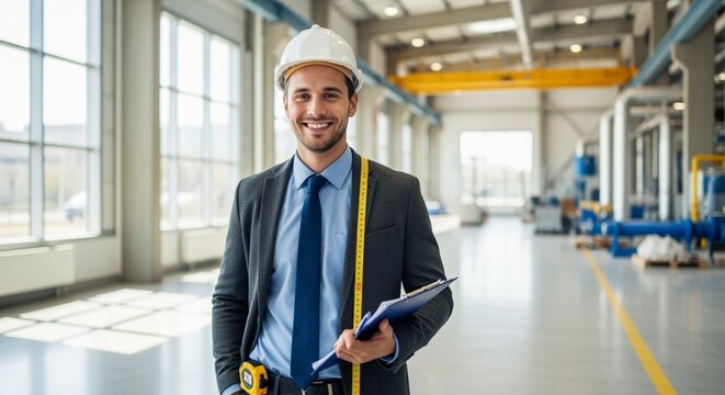 Portrait of a cheerful male engineer wearing a safety helmet and business attire, holding a clipboard in a industrial facility.