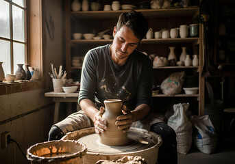 A potter shaping clay on a wheel, realistic studio lighting, natural detail.