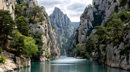 limestone cliffs rising above turquoise water with scattered green vegetation clinging to edges