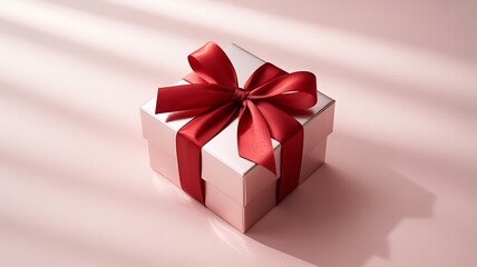 Obraz premium Elegant white gift box with red ribbon and soft light shadows