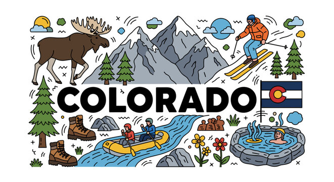 Colorado Adventure Travel Doodle Illustration: Exploring Mountains, Rivers, and Hot Springs in the Centennial State with Hiking, Skiing, Rafting, and Wildlife, a Vector Graphic for Tourism Promotion a