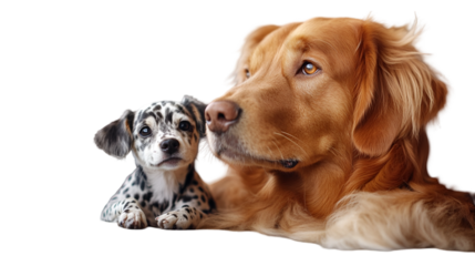 Adorable golden retriever and dalmatian puppy cuddling lovingly, a heartwarming moment of friendship and companionship for pet lovers everywhere isolated on white background