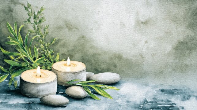 Hand-painted watercolor of aromatherapy candles glowing in spa surrounded by herbs, peaceful and healing environment symbolizing relaxation, balance, and holistic wellness