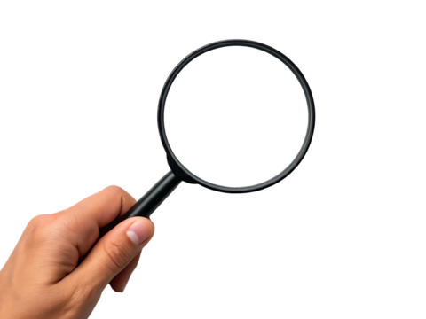 Hand holding magnifying glass isolated on black background isolated on white background isolated on transparent background