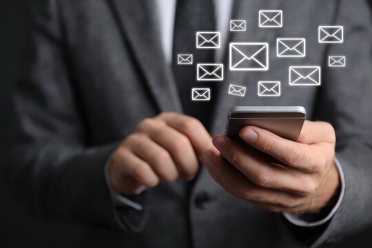 Businessman engaging with smartphone notifications while checking email messages in a modern office environment during the day - Powered by Adobe