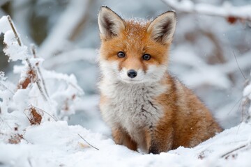Fototapeta premium Cute fox baby playing in winter snow surrounded by frosted trees in a serene forest setting