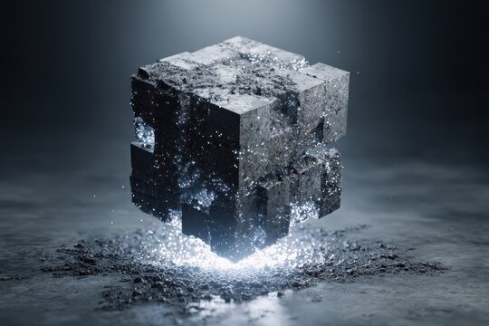 Large blockchain block dismantles in a surreal setting with sparkles and dust surrounding it, demonstrating the intricacies of technology in modern systems