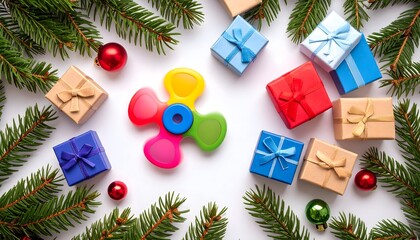 Colorful Fidget Spinner Surrounded by Christmas Gifts and Decorations