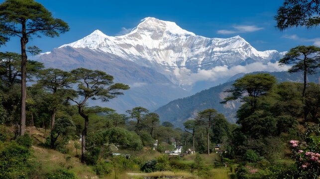 mountain peak against clear blue sky contrasting with dark evergreen forest below