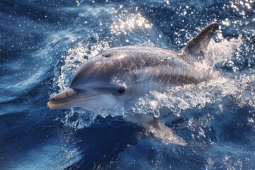 Naklejka premium Dolphin swims gracefully through clear ocean waters under bright sunlight, showcasing its agility and beauty amid shimmering waves